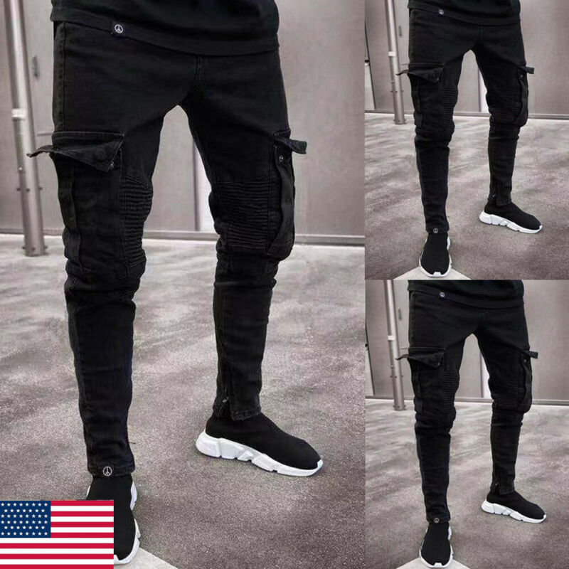 noir Jean hommes Denim Skinny Biker Jeans détruit effiloché Slim Fit poche Cargo crayon pantalon grande taille S-3XL