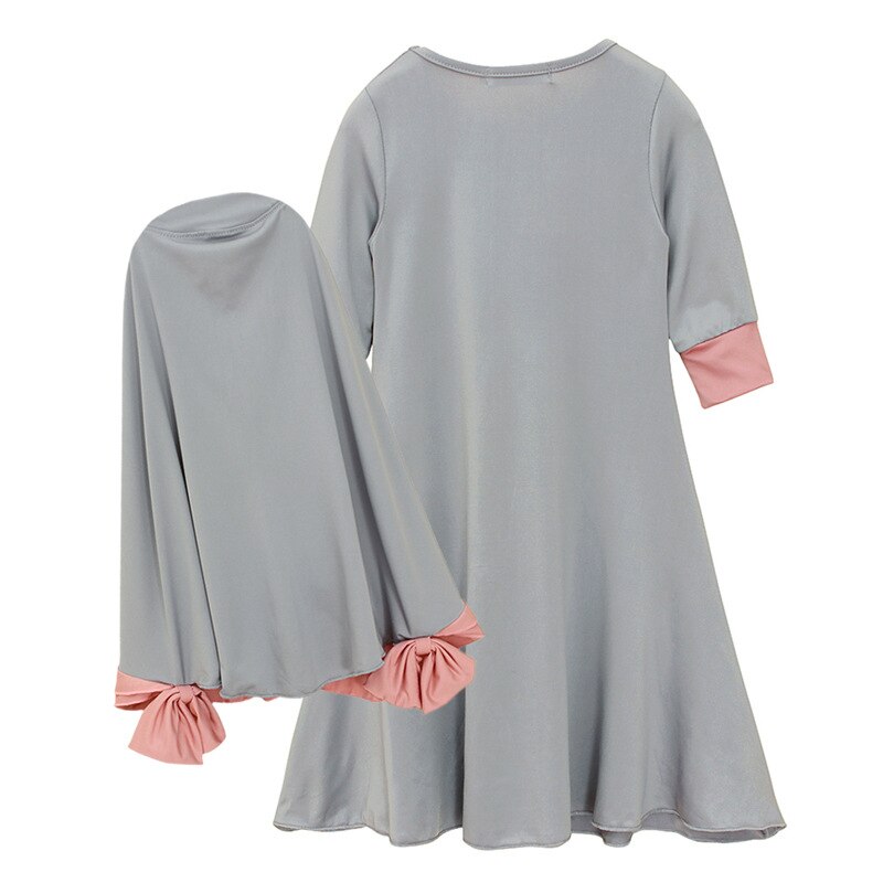 Floral Printed Arab Kids Girls Long Sleeve Dress Muslim Hijab Islamic Abaya Kaftan Maxi Dress Prayer Set Clothing Ramadan Suits: Gray / Advise Height 100cm
