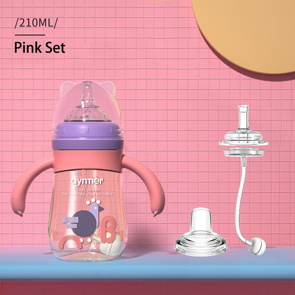 Biberon anti-fuite sans BPA pour bébé, gros calibre, bec de canard, eau, lait, PPSU, avec paille en Silicone: Pink Set 210ml