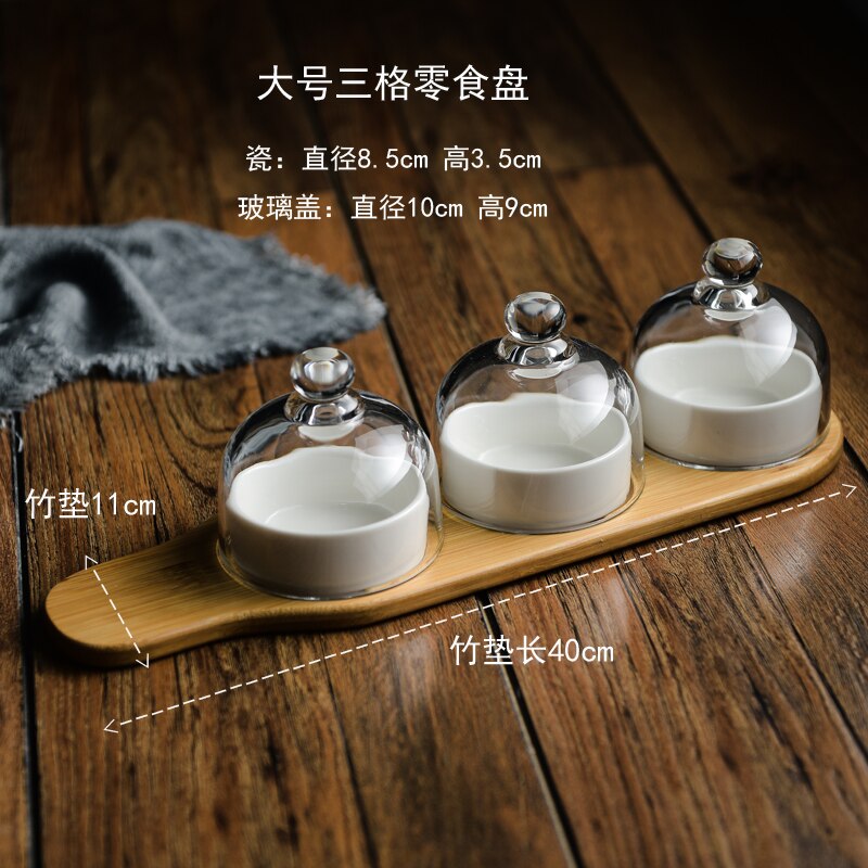 Noord-europese keramische snackschaal, set van 3 met glazen deksel, vershoudschaal voor restaurant, huishouden, taart, dessertschaal: Een --3 stuks--l