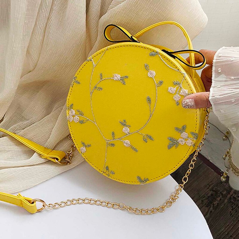 Vrouwen Mode Kant Verse Handtas Crossbody Tas Effen Kleur Geborduurd Kleine Ronde Tas: YELLOW