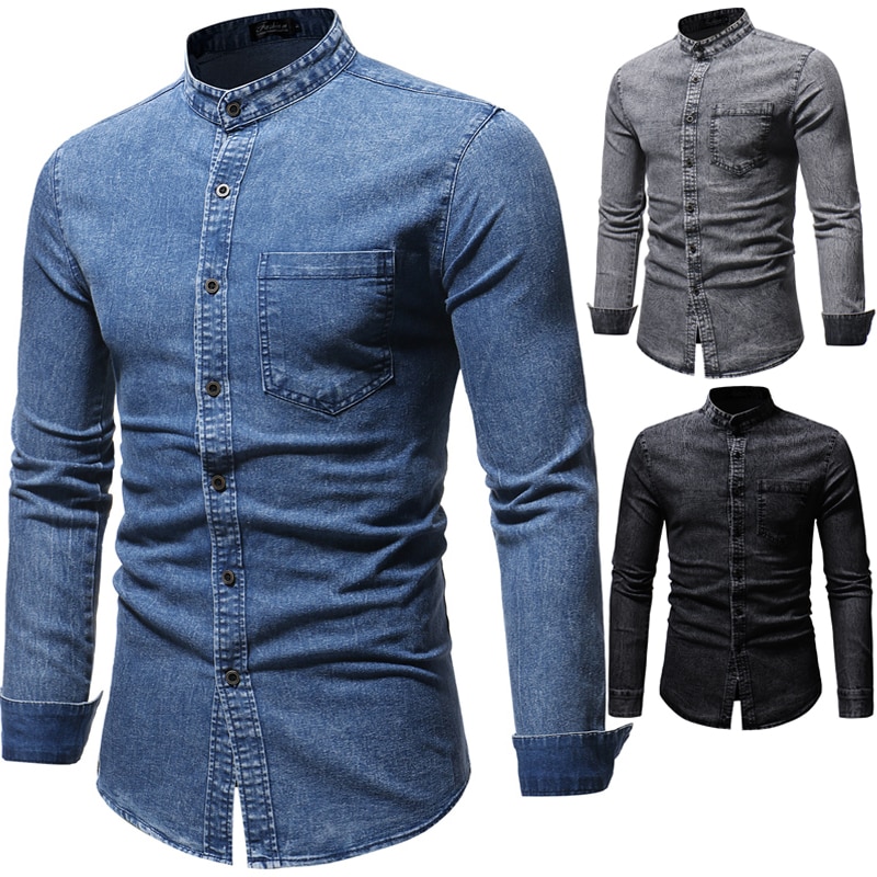 Jeansskjortor för män koreansk tvättad jeansskjorta mandarinkrage långärmade fritidsskjortor tunna herrkläder  n5244