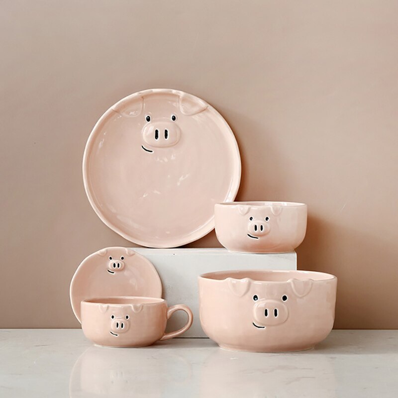 Cartoon Tableware Set Ceramic Japanese Cartoon Breakfast Plates And Bowls Children Dinnerware Set Pig Family Steak Flat Tray 1pc