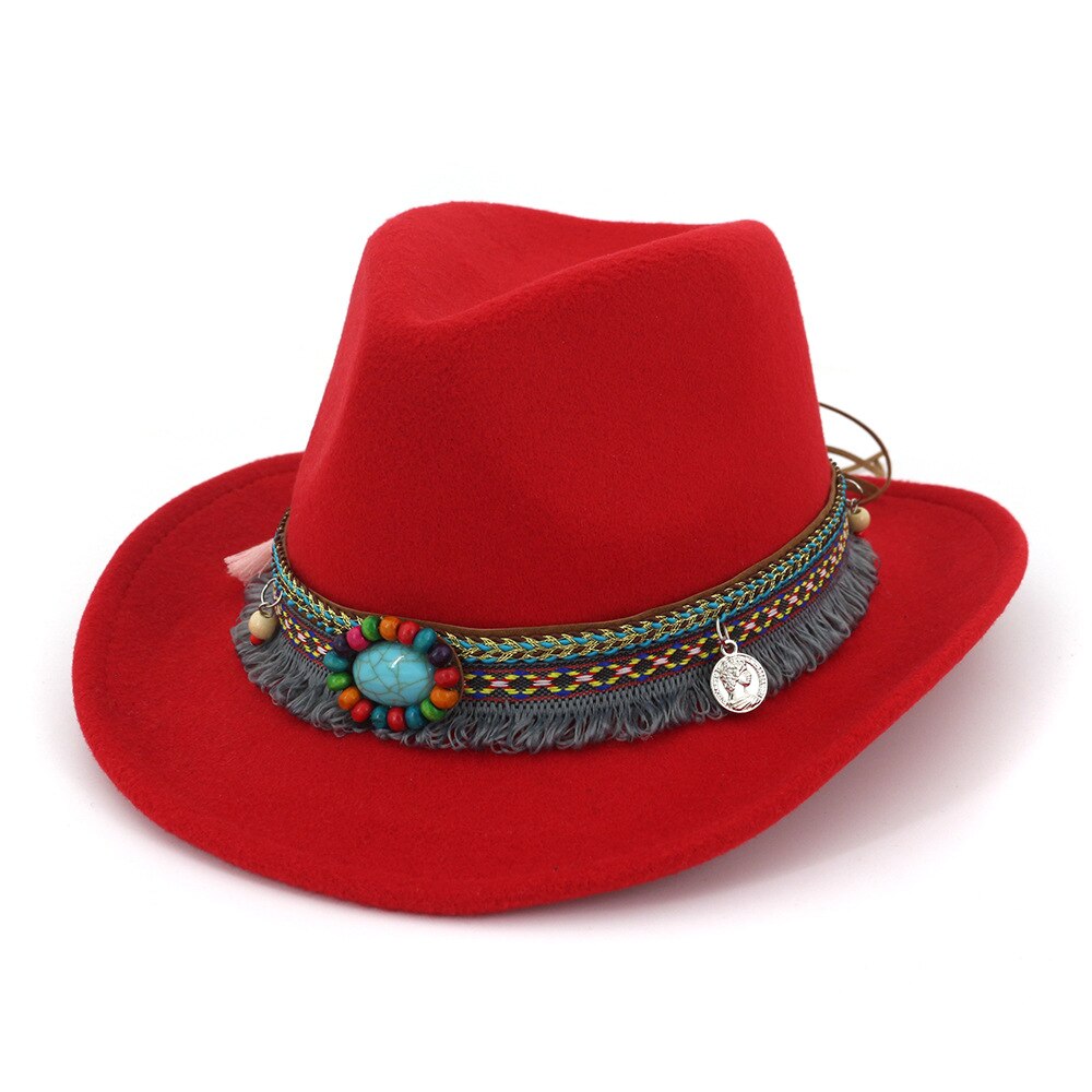 Sombrero de lana ahuecado para mujer, Sombrero de cowboy del oeste, con ala ancha enrollable, capucha, Sombrero ecuestre de Jazz con cinta de estilo nacional AD0853