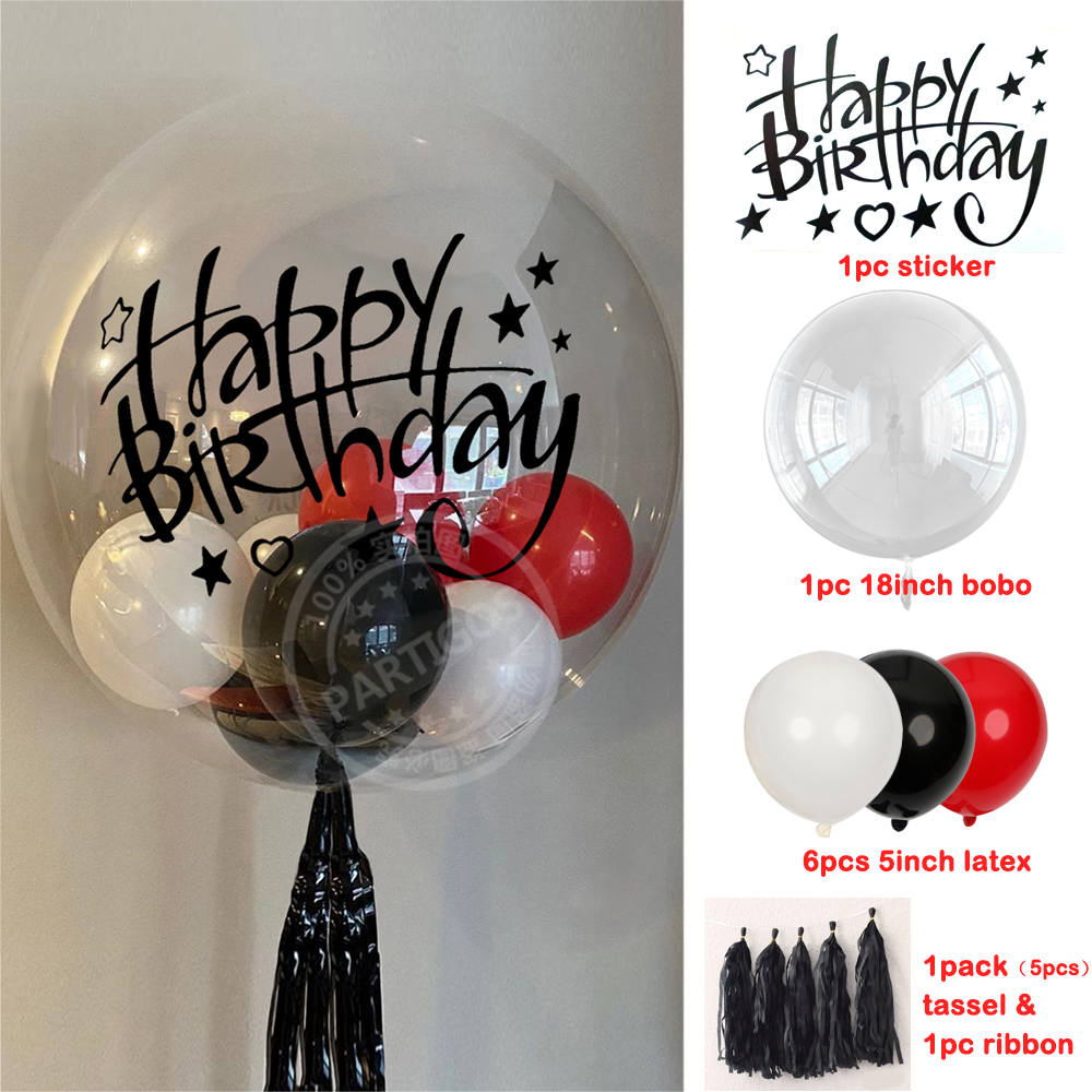 14pcs/set 18inch Transparent Bubble Balloons Helium Clear Bobo Globos Happy Birthday Stickers DIY Red Black Event Party Decor: black red set
