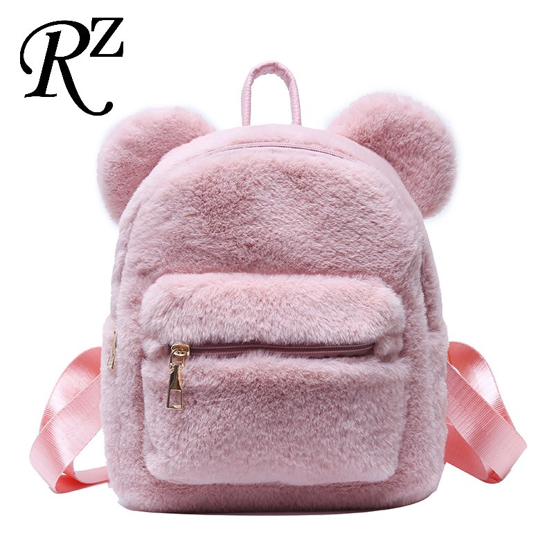 Bear Ears Plush Female Backpack Faux Fur Shoulders Bag Cute Furry Women Bag Winter Bags For Women 2022 Mini Girl Backpacks: Pink Backpack