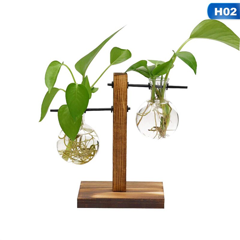 Eenvoudige en glazen flesvaas, houten standaard, hydrocultuurvaas, groene plant, kleine vaas, bureaudecoratie, scandinavische vaas: H02