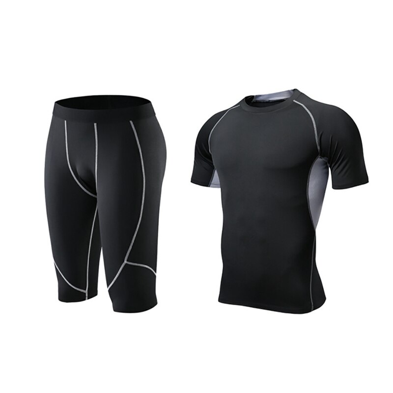 Männer der Sportswear Elastische Fitness T-shirt Schnell Trocknende Tops Kurze Hosen Sport Engen Kalb-länge Hosen Shorts Set neue