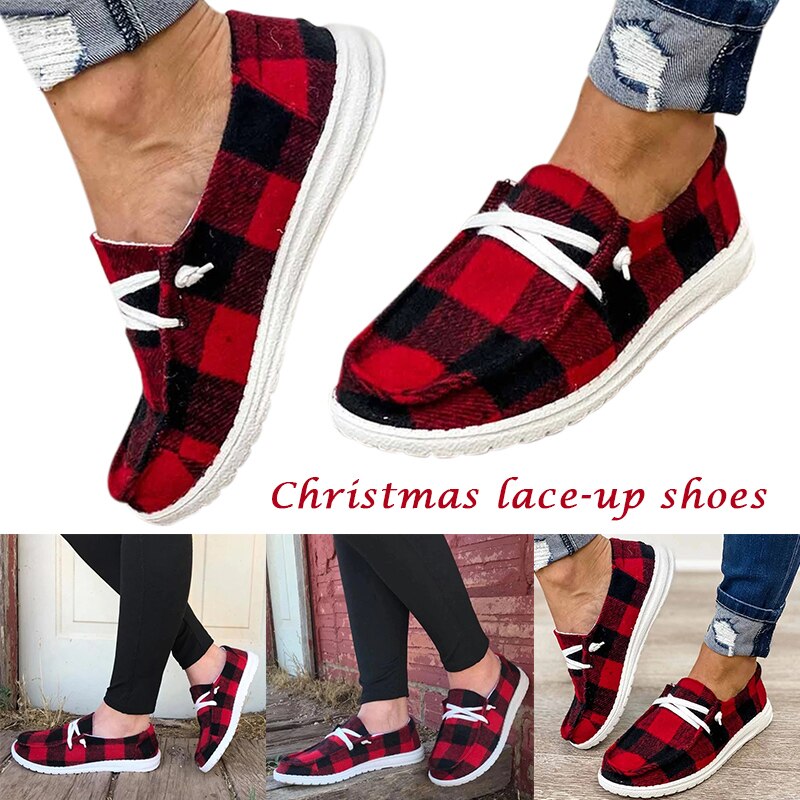 Buffalo Plaid Slip On Shoes Flat Sole Lace up Casual Canvas Shoes for Women Christmas FS99