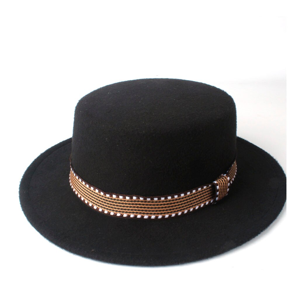 Men Women Flat Fedora Top Hat With Belt Wool Trilby Hat Pork Pie Hat Jazz Hat Size 56-58CM
