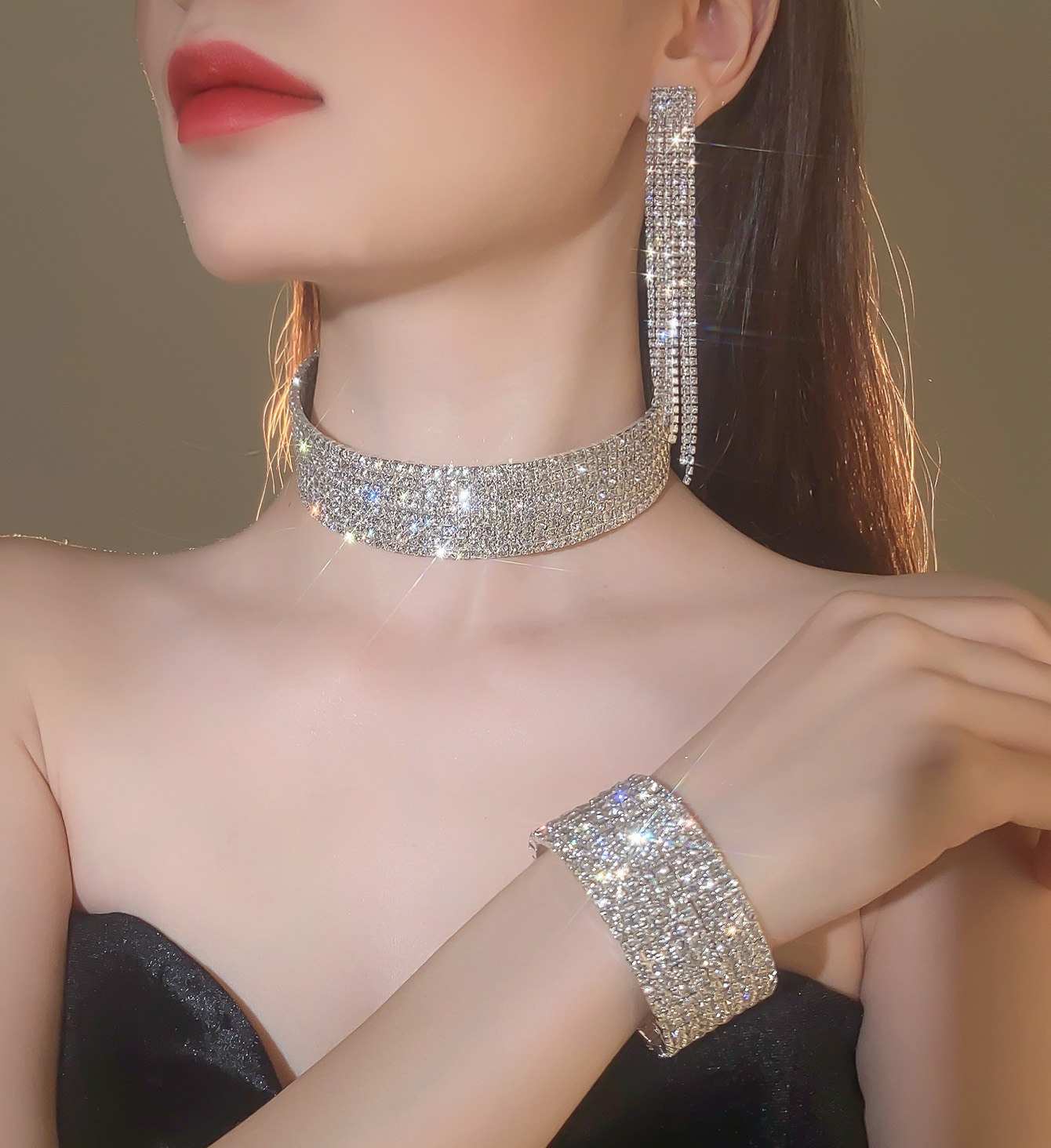 Gargantilla de cadena con cuello de cristal de Color plateado brillante para mujer, Gargantilla con diamantes de imitación para de boda, de joyería