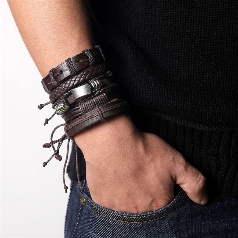 IFMIA-Conjunto de pulseras de cuero Vintage para hombre y mujer, brazalete de piel con varias hojas de búho, joyería de ,