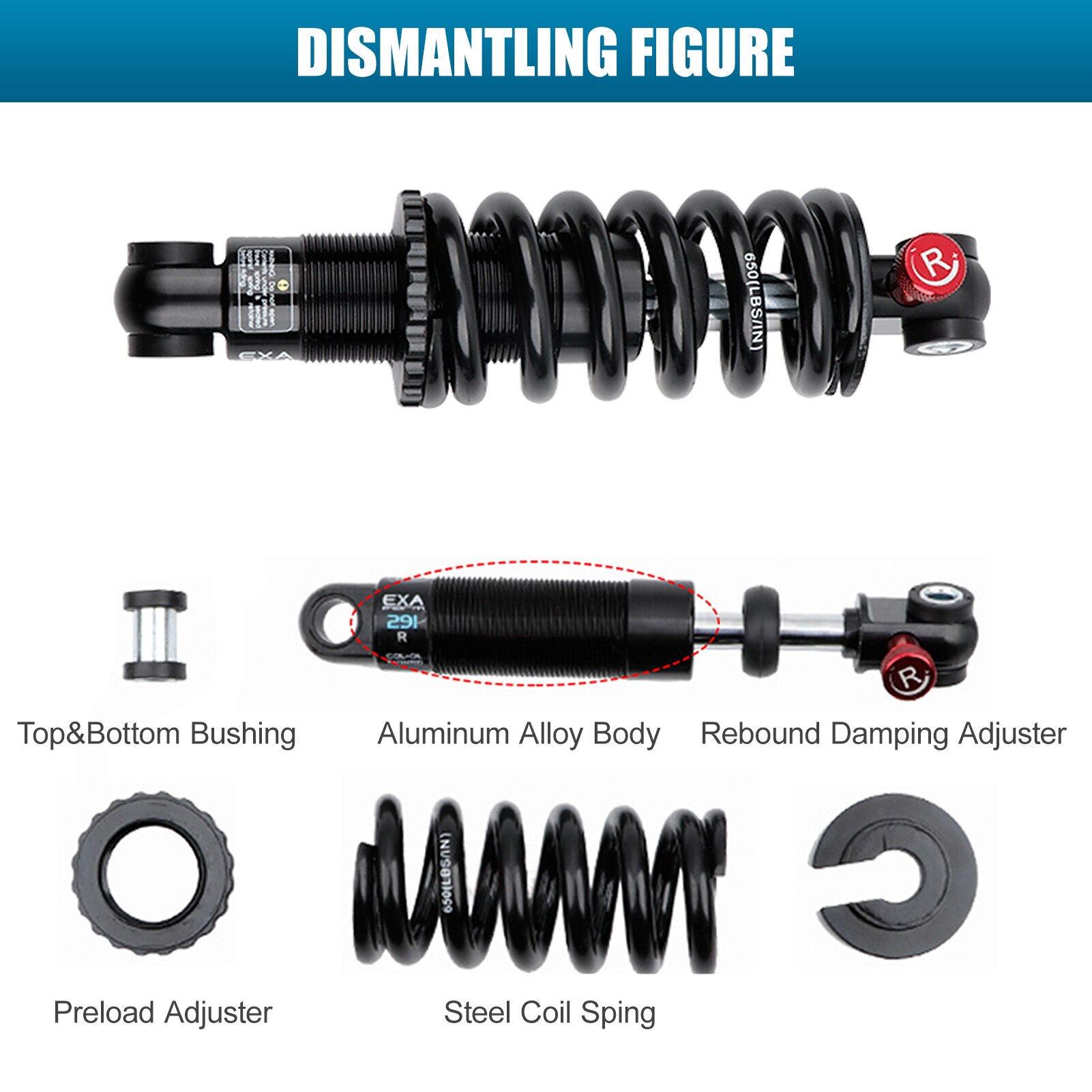 EXA Form Oil Pressure Spring Shock Damper Adjustable Suspension Spring Rebound Damping Shock Absorber 125/150/165/190mm
