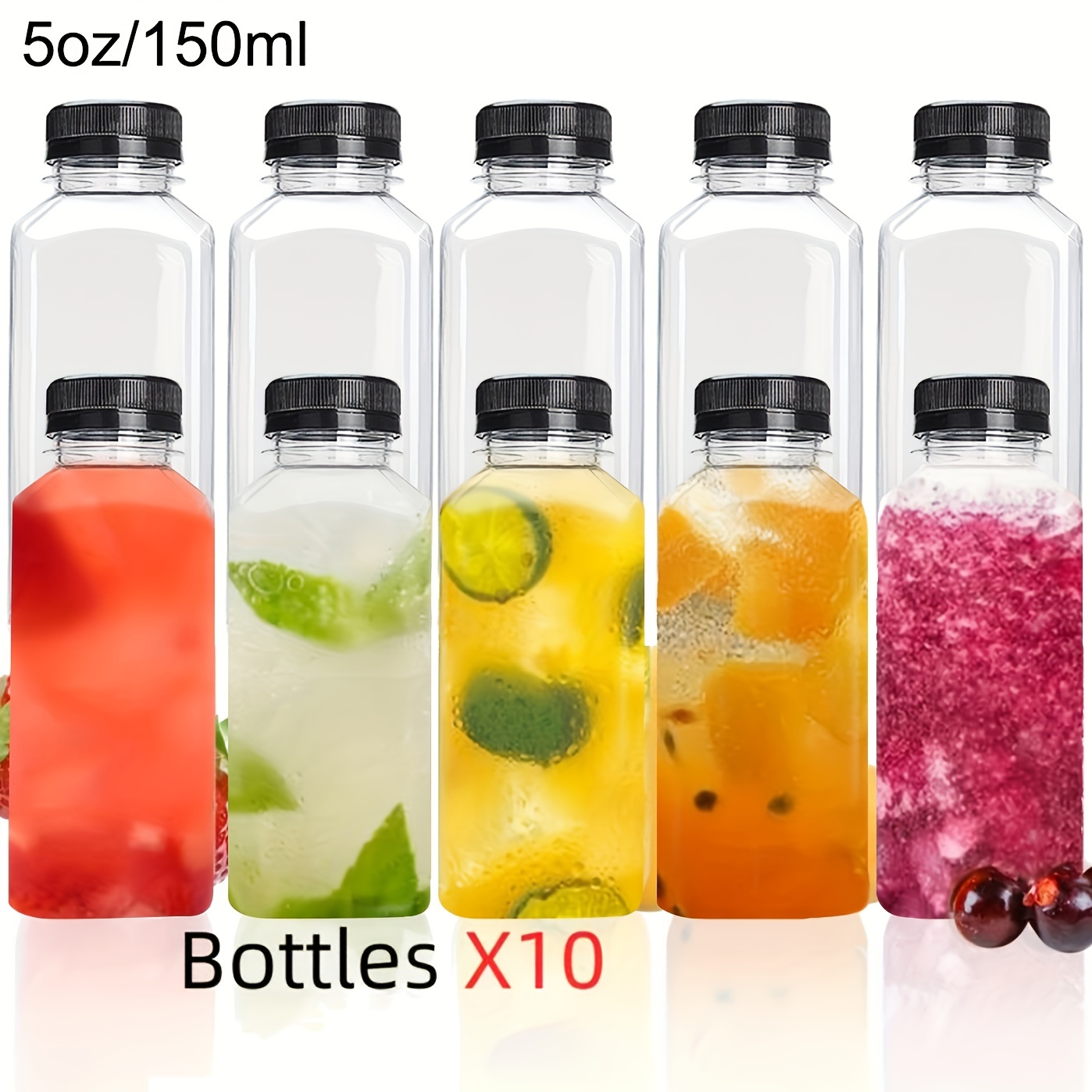 10-- 150ml-500ml lækagesikre, gennemsigtige plastikflasker til juice - perfekte til juice, smoothies, mælk og hjemmelavede drikkevarer - genanvendelige bulkbeholdere: Sort
