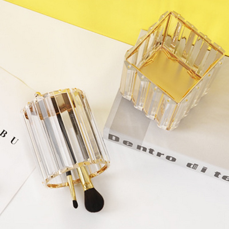 Guld klart glas makeup børste arrangør kosmetiske opbevaring kopper pen holder håndlavet makeup skrivebord arrangør hjem dekoreret container