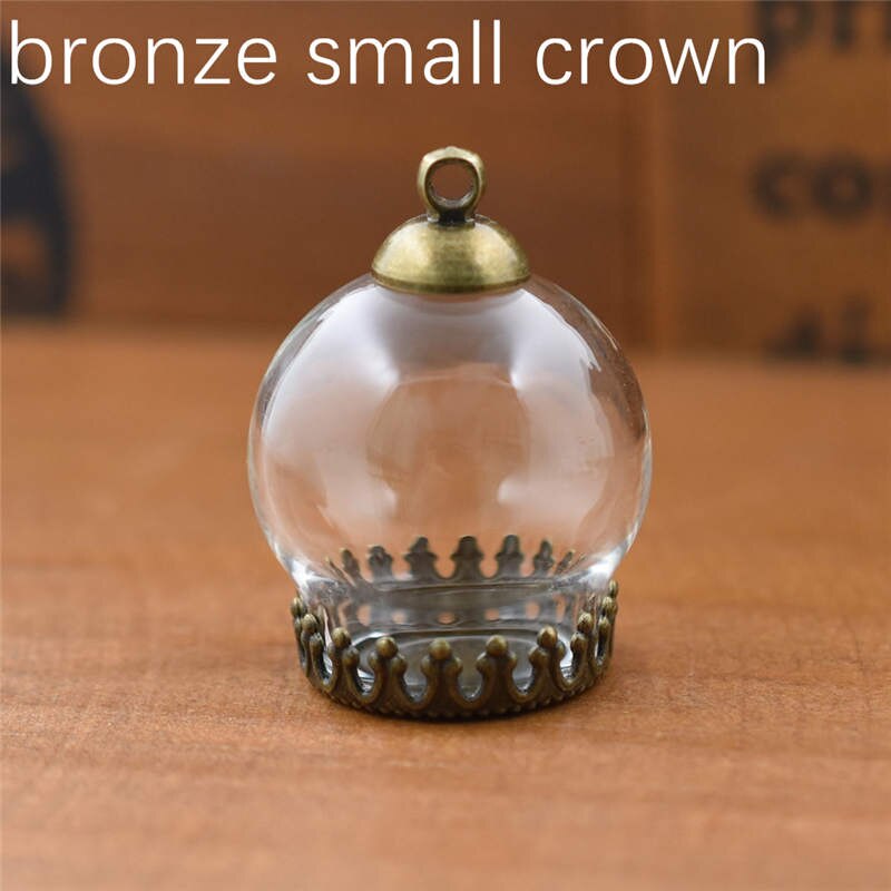 5set 20*15mm hollow glass globe with setting base beads cap set orb glass vials pendant glass bottle jewelry pendant: bronze small crown