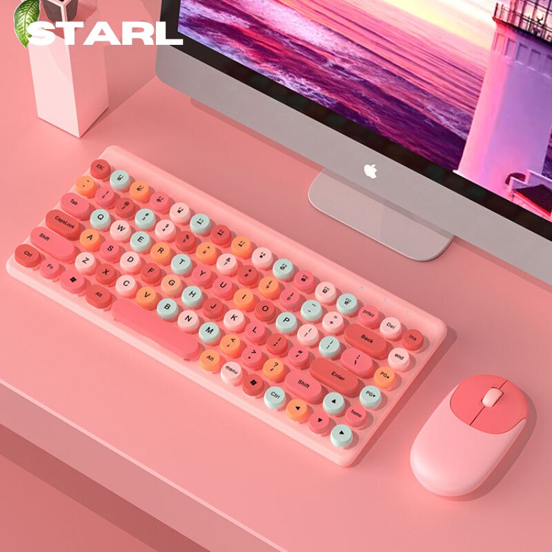 Cute Cherry Pink Multicolor Wireless Keyboard And Mouse Set Gaming Desk Setup Gamer Keyboard Waterproof Slim Keycaps Portable