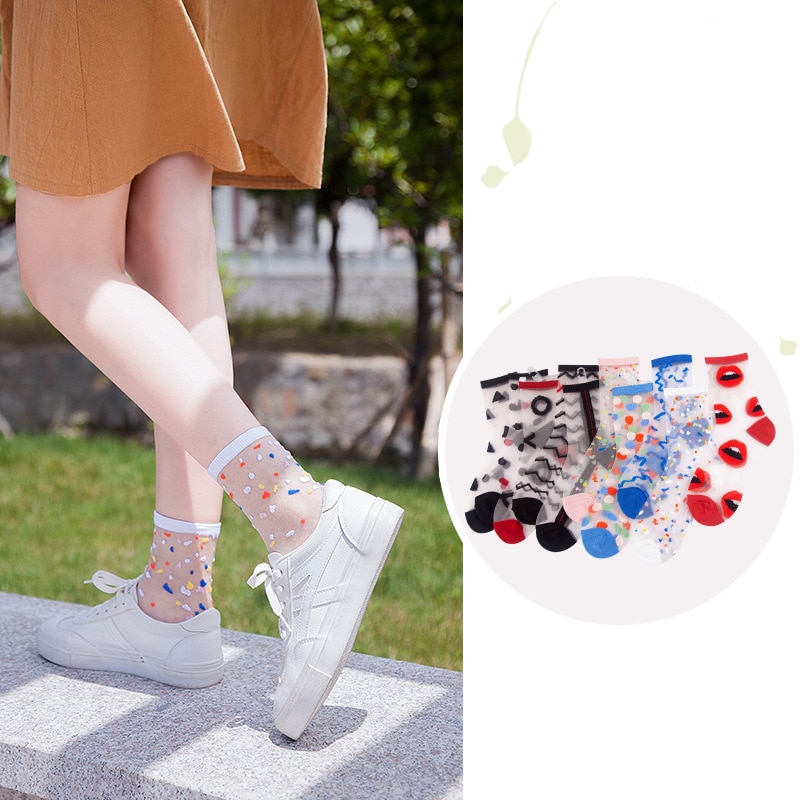 Summer Breathable Ultra-thin Glass Silk Socks Women Geometric Pattern Short Socks Girls Transparent Socks