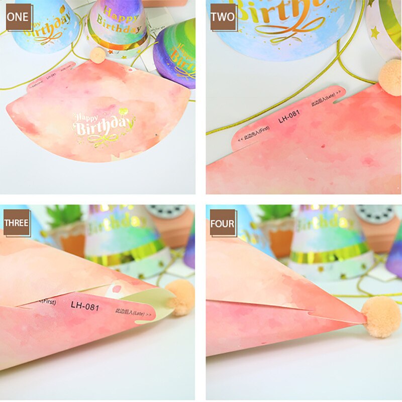 Happy Birthday Party Hats Colorful Paper Cap With Wool Ball First Birthday Hats Child Princess Crown Party Supplies Baby Shower