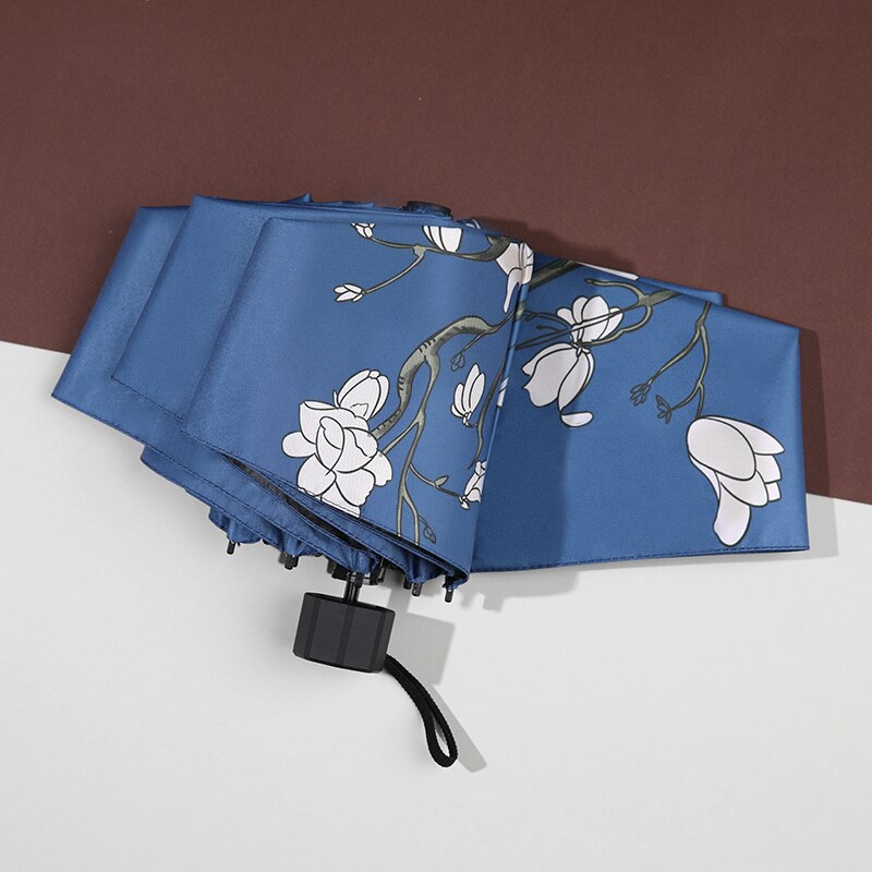 Retro Automatic Umbrella Women Wind Resistant Prevent UV Folding Wood Handle Ladies Flowers Birds Sun Umbrella: Mini 8K  002