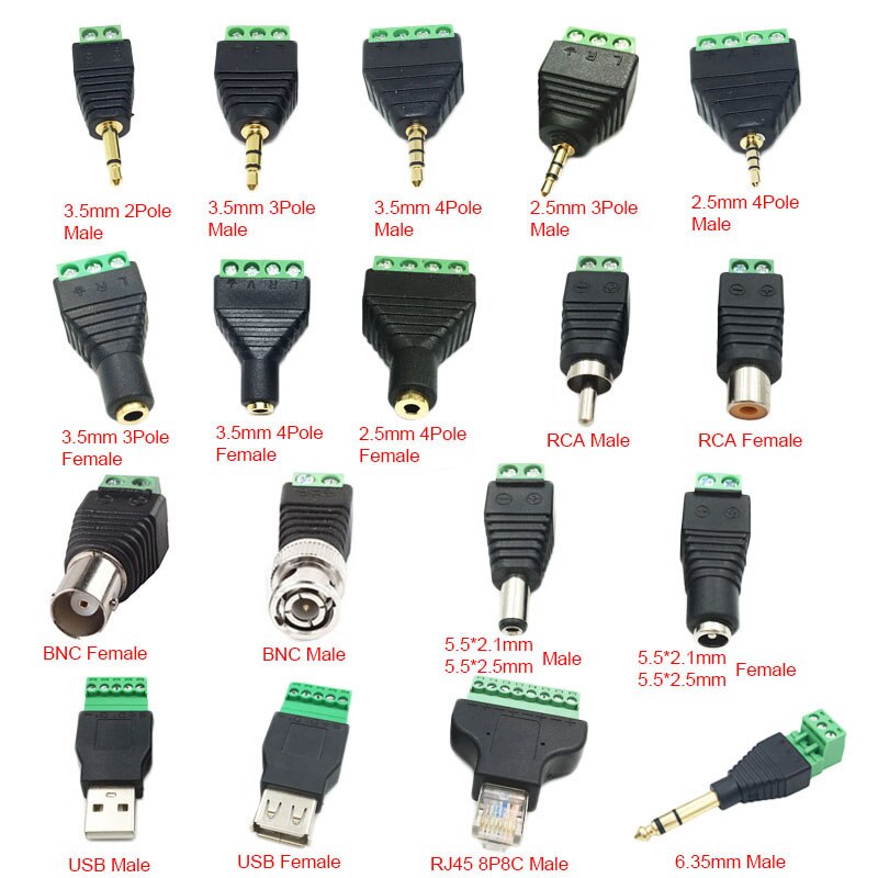 1Stck CCTV BNC Stecker DC Energie Stecker 2,5mm 3,5mm Männlich Weiblich Audio- Video Balun System Sicherheit Adapter koax Katze5 RJ45 USB Jack