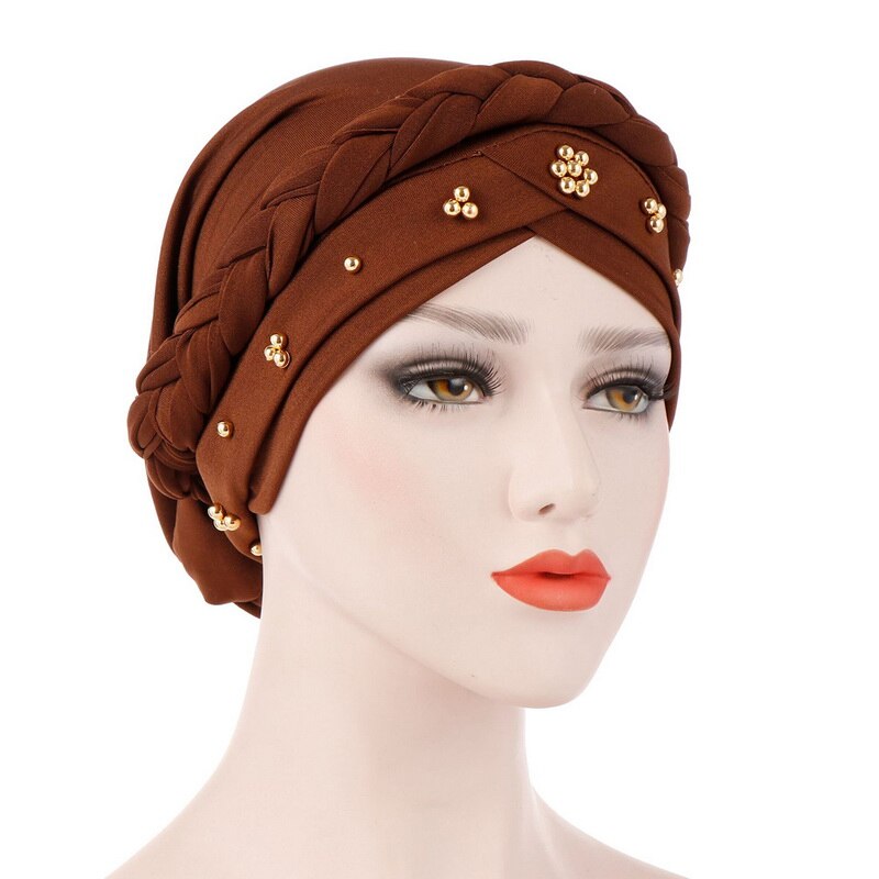 Kvinnor muslimska turban keps enfärgad bandanas pärlstav fläta pärlor dekor hatt: 8