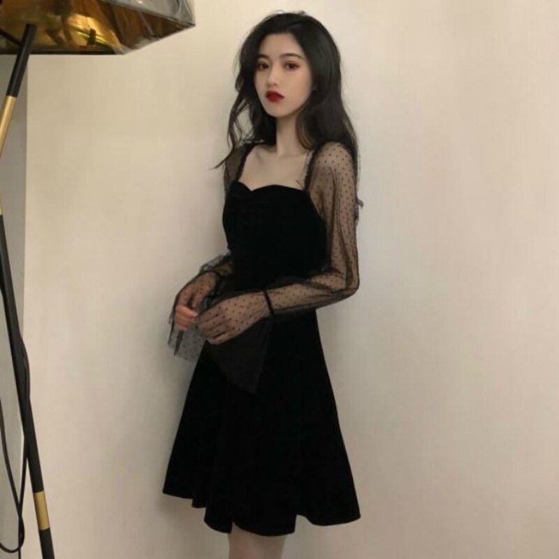 Dress Women Long Sleeve Mesh Transparent Low-cut Leisure Womens Party Dresses Mini Korean Style Loose Patchwork: M