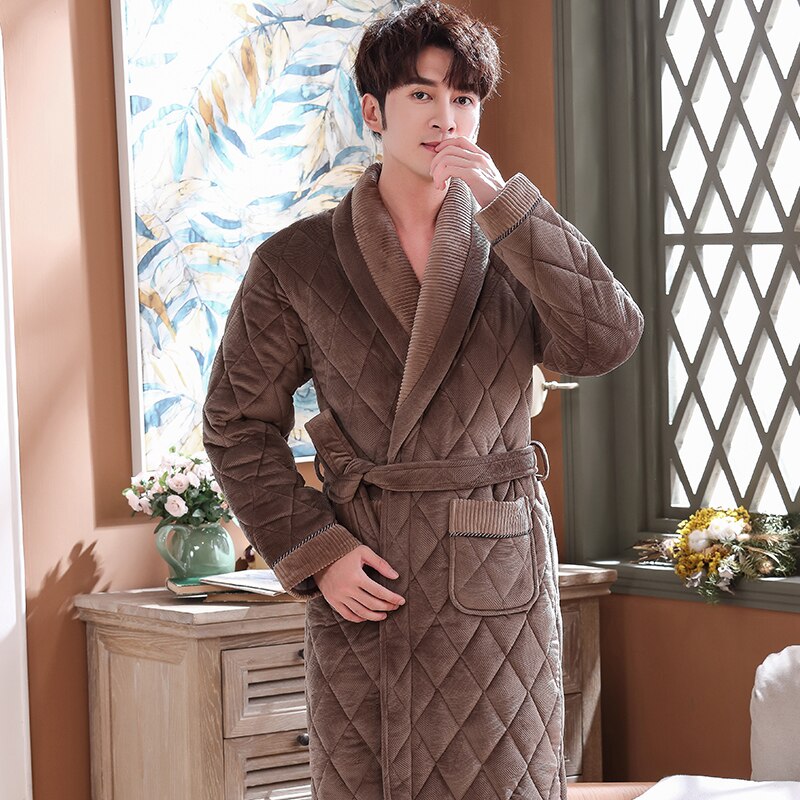 Albornoz acolchado alargado de felpa para hombre, ropa de casa de manga larga, bata gruesa, ropa de invierno, 3XL