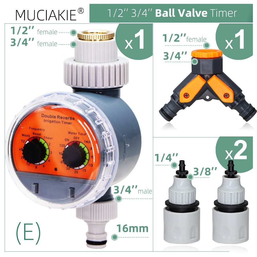 Ball Valve Garden Water Hose Timer w Coupling Adapter for 1/4 1/2 3/4'' Tap Outdoor Waterproof Smart Home Irrigation Controller: E