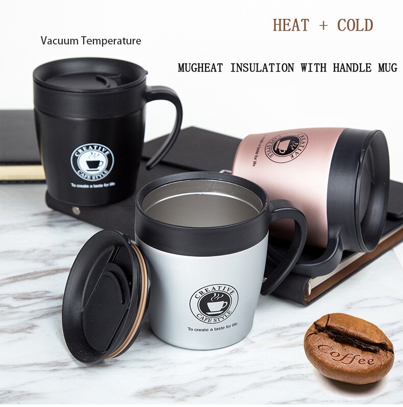 350ML Stainless Steel Coffee Mug Leakproof Non-slip Bottom Reusable Travel Drinks Insulated Cup Coffee Mug with Large Handle