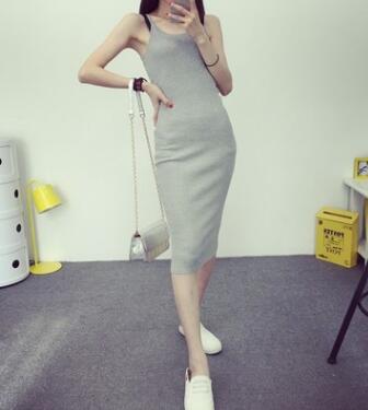 women's spring summer autumn halter tops sleeveless knit vest dresses woman long section soild knitted braces dress: Grey