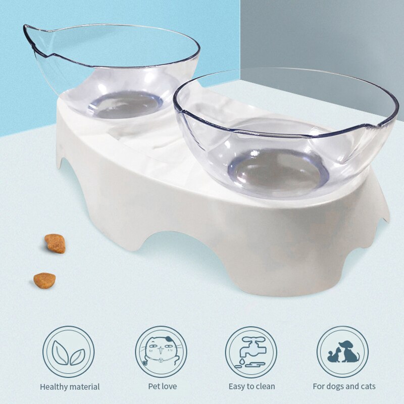 Pet Ciotole del Gatto con il Basamento antiscivolo Doppio Gatto Ciotola di Acqua Cibo Feeder Trasparente Cat Ear Forma Arrotondato per cucciolo di Cane Accessori
