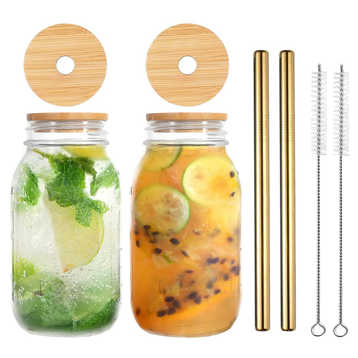 Lot de 2 pots de maçon en verre avec paille, verre réutilisable avec couvercle en bambou, pot de maçon à large bouche pour Boba Bubble Tea: 800ml Gold Straws