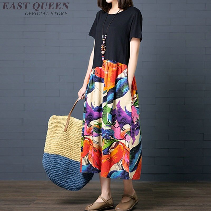 Løse afslappede kjoler til kvinder sommer patchwork bomuld linned retro kjole kinesisk stil lang kjortel vintage femme  ta1761