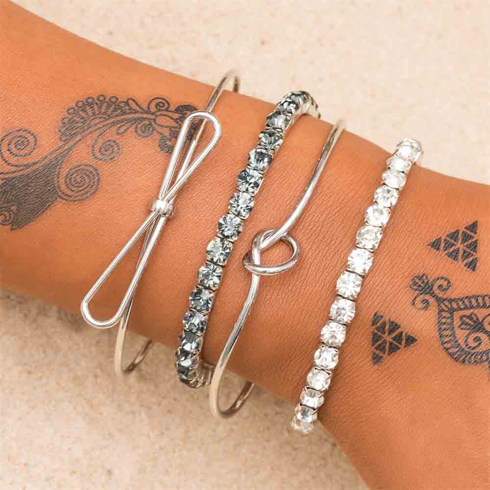 4 Pcs/ Set Classic Fatima Hand Multilayer Adjustable Open Cuff Bangles Bracelet For Women Star Moon Rhinestone Vintage Jewelry: ns52