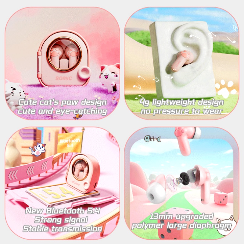 C10 In Ear Bluetooth Earphones Pink Cute Cat Claw Noise Reduction Super Good Sound Stereo Sound Effect For Girl
