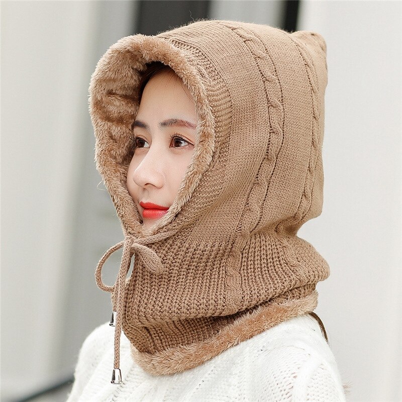 Lue skjerf hette dame vinter pluss fløyel fortykket sykkel alt-i-ett varm strikket ulllue