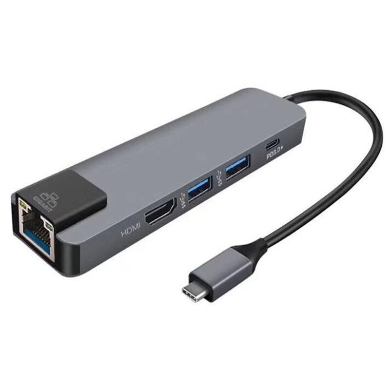 5 en 1 USB Type C Hub hd-mi 4K USB-C Hub vers Gigabit Ethernet Rj45 adaptateur Lan pour Mac book Pro Thunderbolt 3 USB-C: Grey