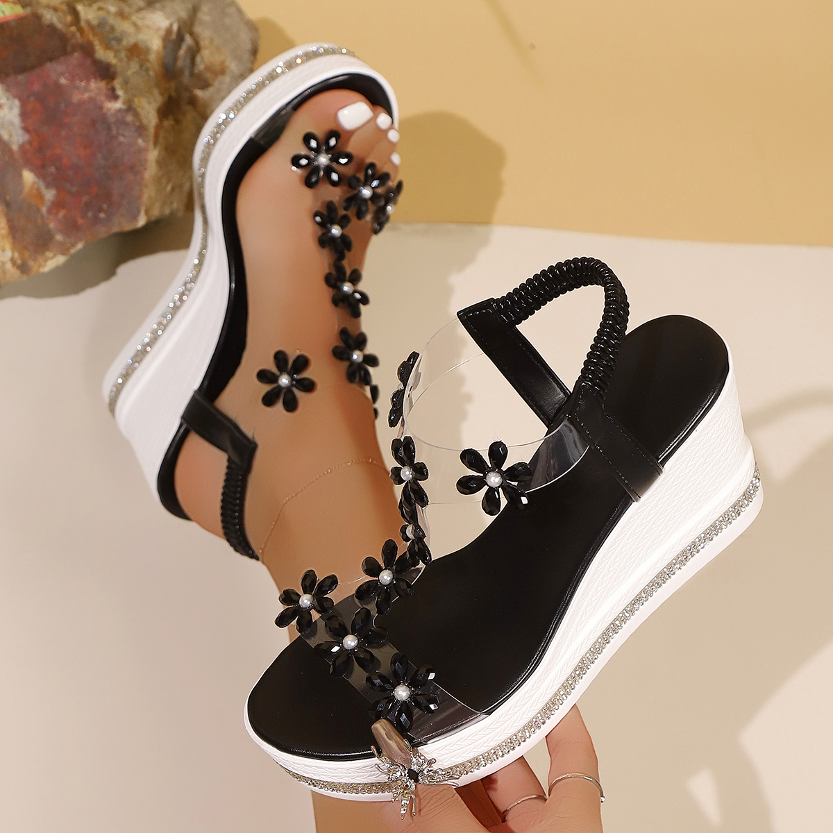 Crystal Flower Decor Chunky Platform Sandals Women Summer Thick Bottom Wedge Sandals Woman Plus Size 43 Sandalias Mujer