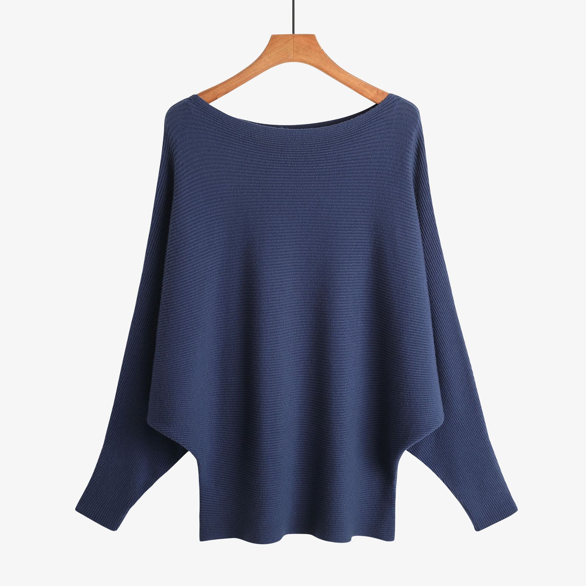 18 kvinder flagermusærmer vinter efterår strikvarer løs fint garn pullover strik strikket skrå hals blød sweater: Marine blå
