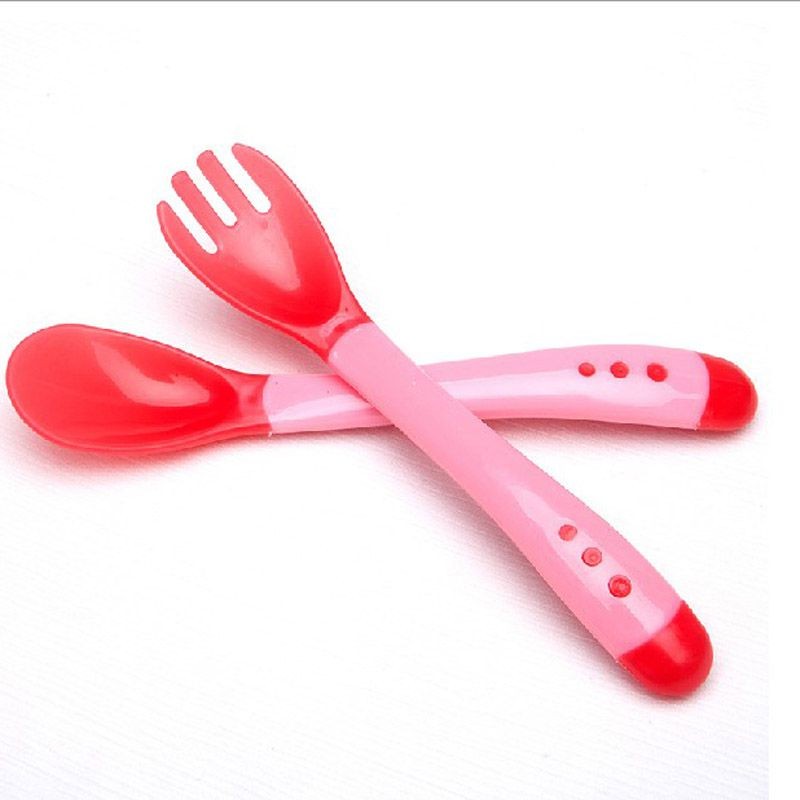 Conjunto de utensílios de mesa infantil, 2 pçs/set, sensor de calor, colher de alimentação térmica, bebê, crianças, estofado de silicone: Pink