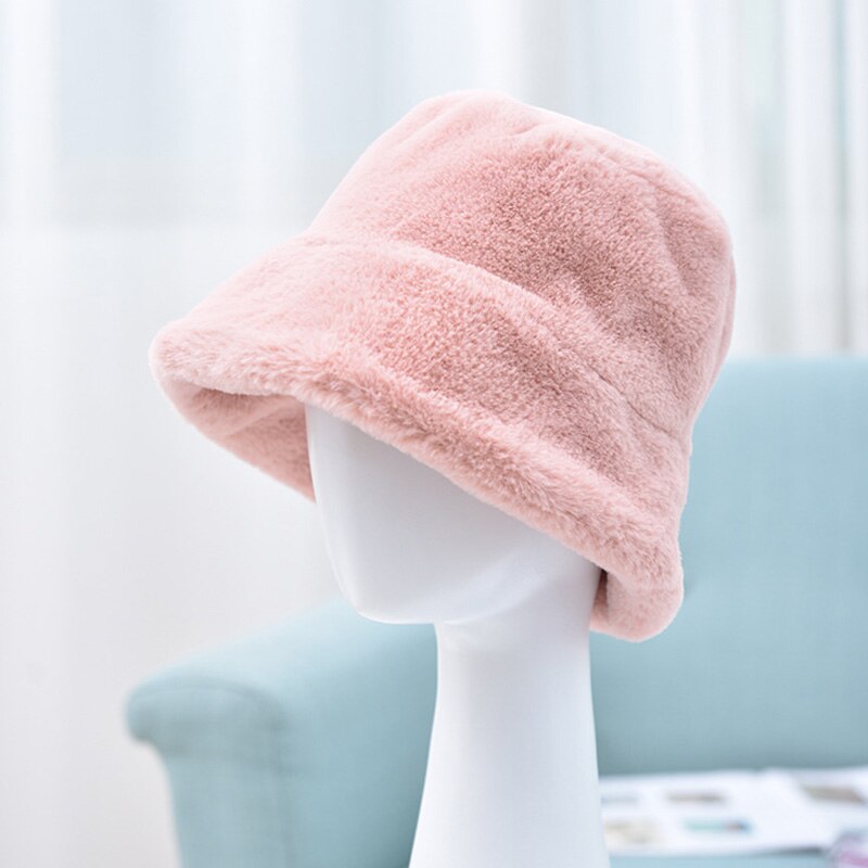 Fuskepels vinter bøtte lue for kvinner jente solid fortykket myk varm fiskelue utendørs dame plysj fluffy panama caps: Rosa
