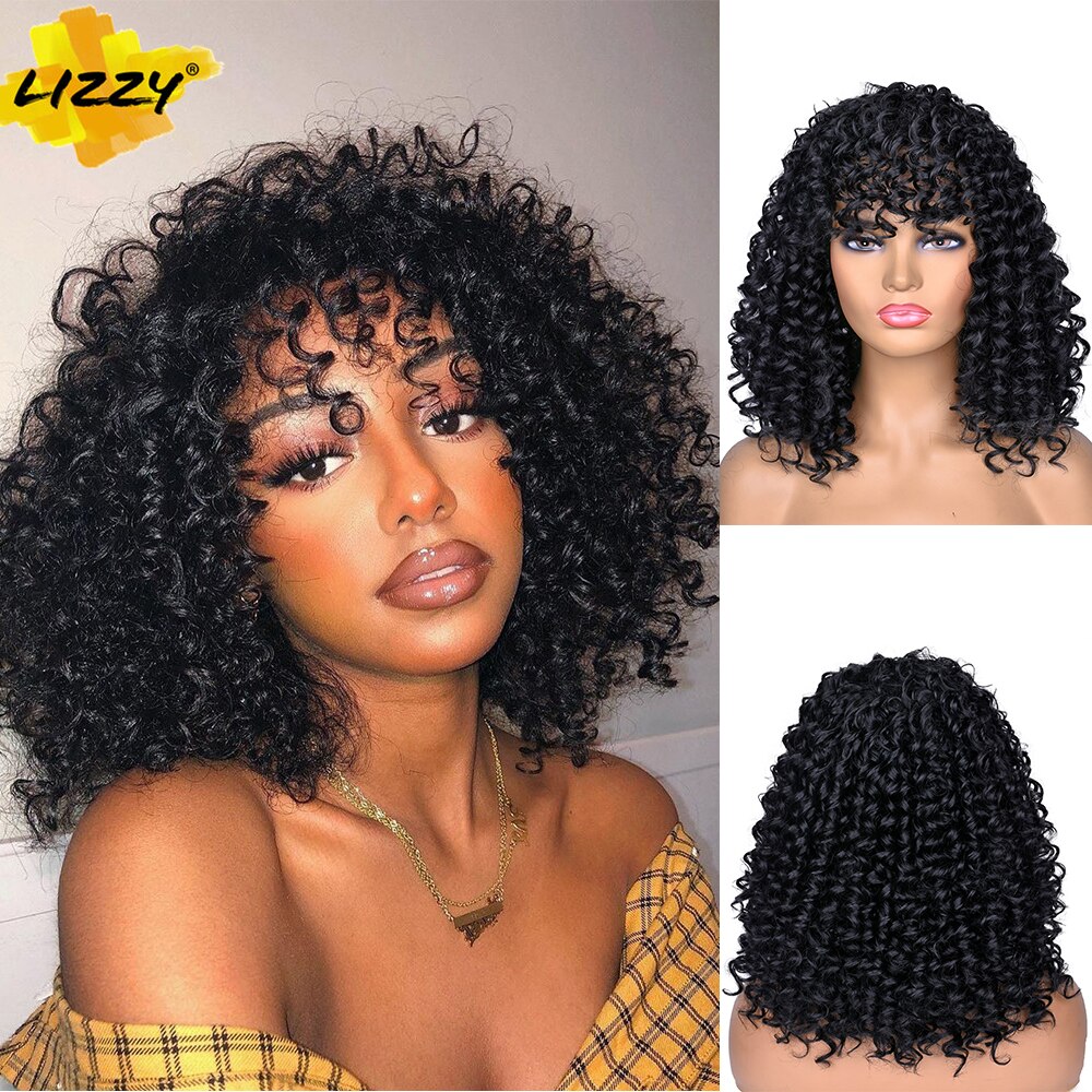 Kort Haar Synthetische Pruik Krullend Afro Pruiken Voor Zwarte En Witte Vrouwen Omber Lijmloze Natuurlijke Hoge Temperatuur Krullen 14Inch lizzy