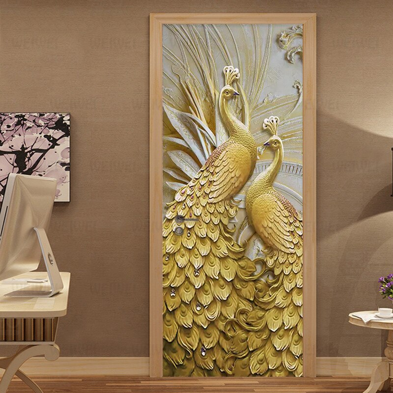 3D Behang Modern Classic Reliëf Gouden Pauw Foto Muurschilderingen Behang Woonkamer Studie Elder 'S Slaapkamer Deur Sticker Decor