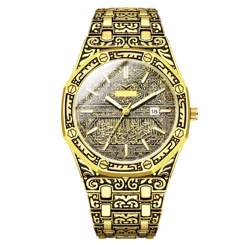 Meca Edition-Reloj de pulsera clásico tallado para hombre, reloj de pulsera islámico de lujo para negocios, tric889: Dorado