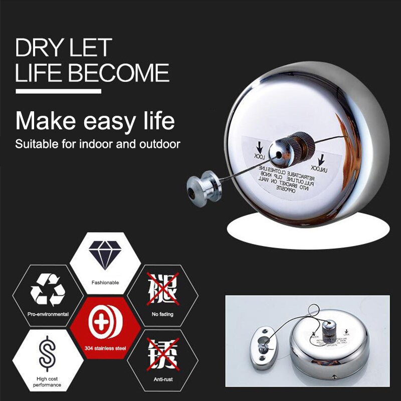 Wanduittrekbare waslijn, roestvrij staaldraad, onzichtbare waslijn voor binnen en buiten, hangende wasdroger, kledingrek