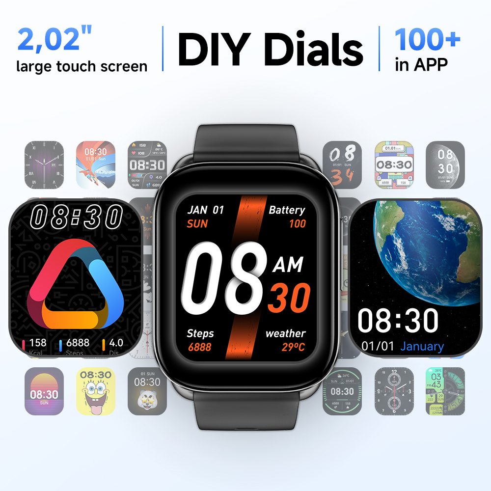 QCY-Montre connectée GS avec appels Bluetooth, écran tactile complet, suivi de la condition physique, plus de 2.02 modes sportifs, moniteur de santé, 100