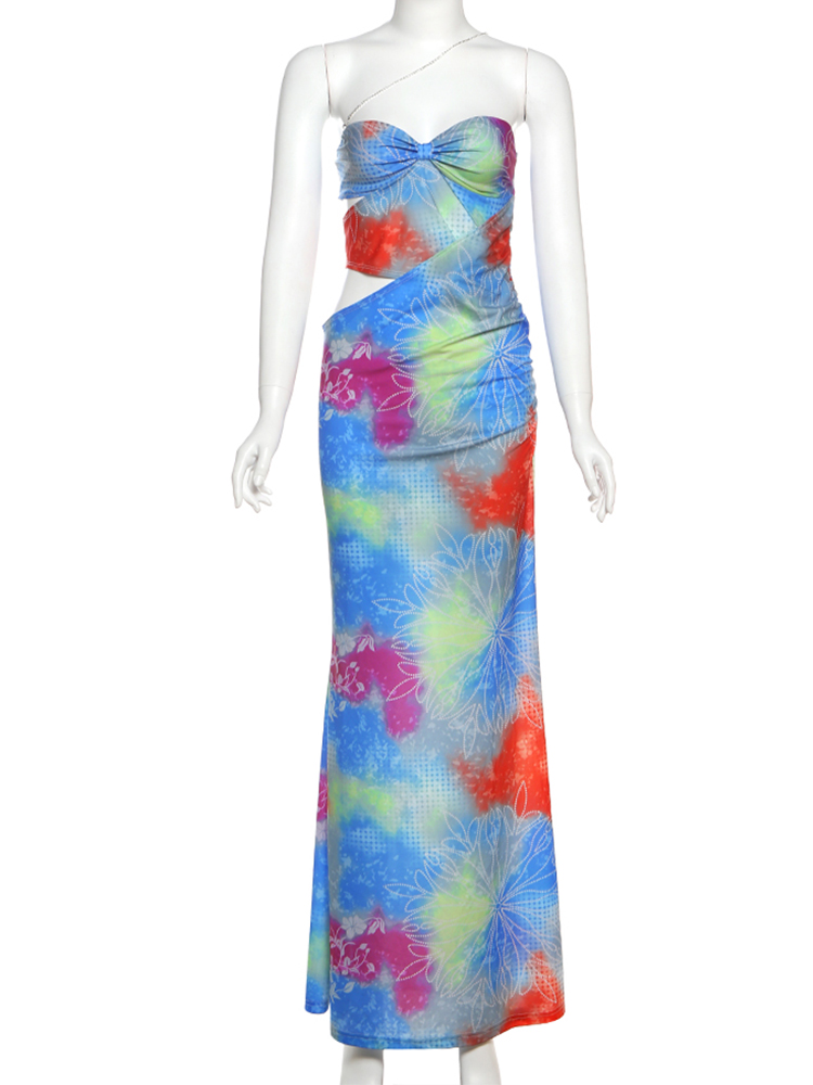 Kliou Tie tinte con paneles mujeres Maxi vestido Hipster Festival atractivo Slash Correa pecho sin cintura Vestidos ajustados señora vacaciones bata: S