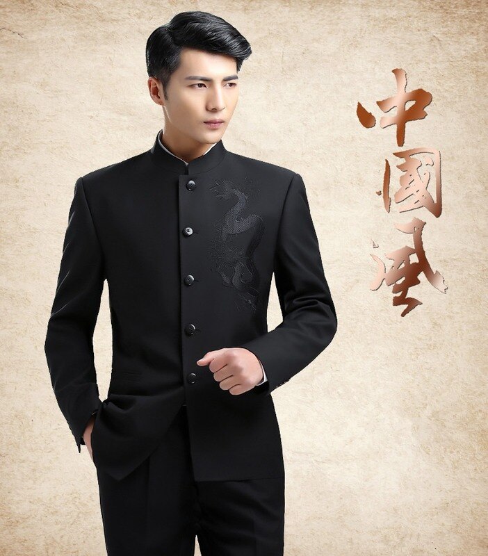 Mens Slim Fit Stand Collar Suits Dargon Embroidered Chinese Tang Suits Male Stylish Casual Suits Set Tangsuit