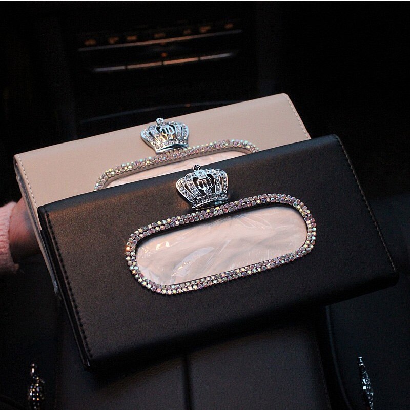 Moda couro do plutônio caixa de tecido do carro viseira sol bling diamante cisne coroa tecido titular caixa para acessórios do carro meninas
